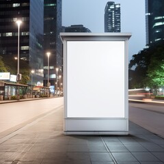 Vertical blank white billboard at bus stop on city street. In the background buildings and road. Mock up.