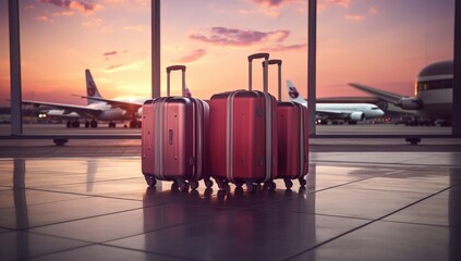 Three Red Suitcases Waiting for Adventure at the Airport - obrazy, fototapety, plakaty