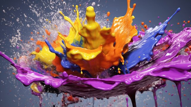 Splash of rainbow paint with drops. Liquid colored paint falls, spills and splashes. Dynamic colorful abstract vibrant liquid paint in motion releasing burst of energy. Template for design, printing.