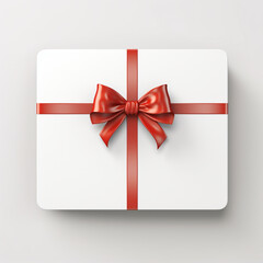 Blank minimal white gift card with red ribbon bow isolated on grey background