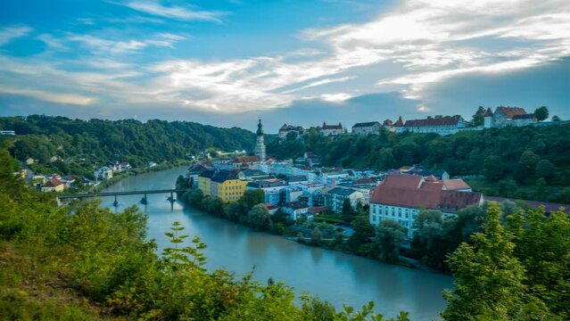 Village of Burghausen in Bavaria, Germany. View from the Austrian side over the River Salzach. Timelapse Video