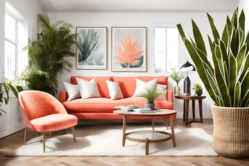 CCreate a visual description of a modern living room where a sleek floor lamp, a vibrant potted monstera plant, and a stylish wooden lounge chair with soft pastel pink cushions 