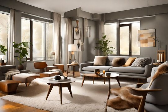 Paint a vivid picture of a modern living room in a mid-century modern-style home, featuring calm, neutral tones, sleek furniture, a fur blanket on a grey sofa near a coffee table with candles 