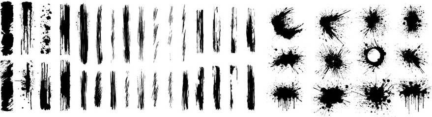 Set of splashes, blots. Black inked splatter dirt stain splattered spray splash with drops blots isolated. Inky blots in urban street style, blobs or stripes. Isolated vector illustration - obrazy, fototapety, plakaty