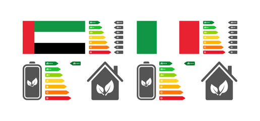 Letter rating icons. Flat, color, OAE, Italy national flag, battery letter rating, houses. Vector icons
