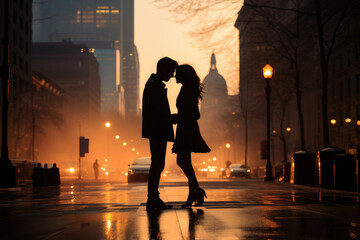 Couple holding hands in a city square, sharing a kiss against a cityscape