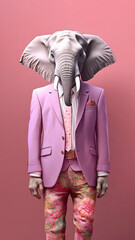 Male elephant in pink fashion suit, with white shirt and tie. Fashion concept. Creative animal character. Advertisement idea. Party animal, new year party.