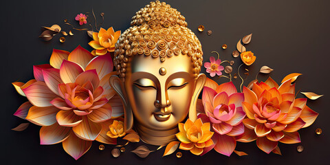 glowing 3d golden buddha face and abstract glowing colorful lotuses flowers - obrazy, fototapety, plakaty