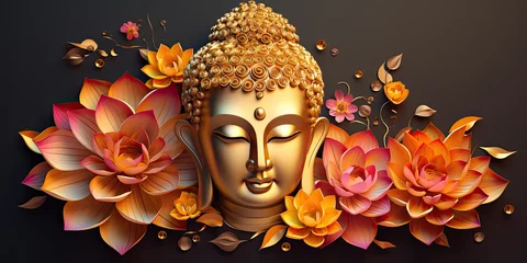 Fotobehang glowing 3d golden buddha face and abstract glowing colorful lotuses flowers © Kien