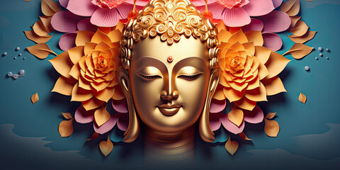 glowing 3d golden buddha face and abstract glowing colorful lotuses flowers