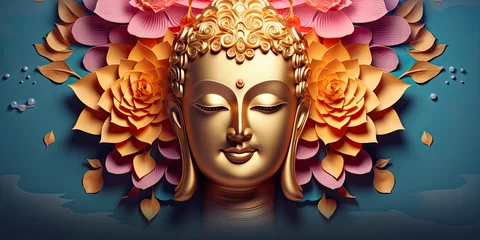 Rolgordijnen glowing 3d golden buddha face and abstract glowing colorful lotuses flowers © Kien