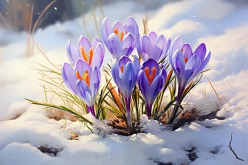 Poster spring crocus flowers in the snow © Kien