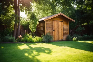 Foto op Plexiglas Wooden shed in the garden, with grass lawn © Kien