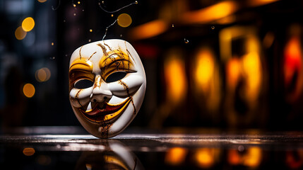 Stage Mysteries: Theatrical Mask and Bokeh Lights - obrazy, fototapety, plakaty