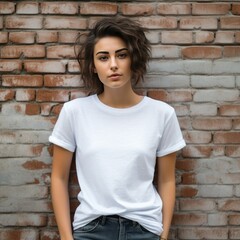 Confident mid-30s woman in a white t-shirt, slim figure, brushing long chestnut hair against a weathered brick wall. Dark blue jeans, casual elegance.
