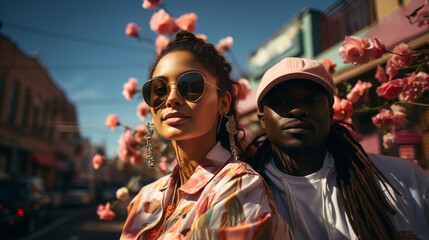 Obraz premium Generative ai multiethnic couple posing outdoors smiling