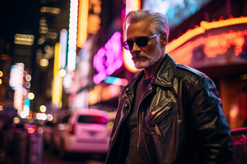 Obraz premium Generative ai portrait of a biker senior man bearded wearing leather jacket