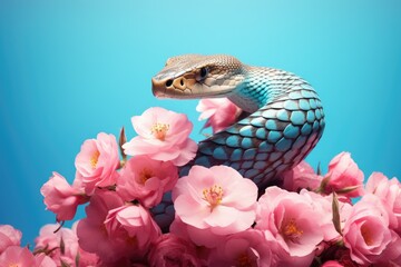 Mystic blue snakes and rose flowers on teal blue background. King snake wrapping around colorful flowers. Floral illustration in vintage style. Exotic pet portrait - obrazy, fototapety, plakaty
