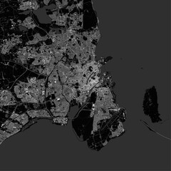 Copenhagen map. Detailed dark map of Copenhagen (Denmark). Natural features (lakes, rivers), various types of roads and buildings are grouped separately. - 679754584