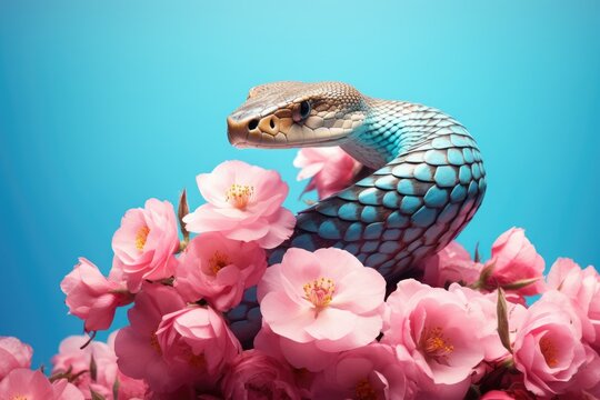Mystic blue snakes and rose flowers on teal blue background. King snake wrapping around colorful flowers. Floral illustration in vintage style. Exotic pet portrait