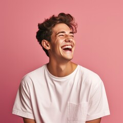 Cheerful young man with contagious laughter, hyper-realistic on vibrant pink background. Genuine joy captured in wide open mouth, pearly white teeth, crinkled eyes. Pure happiness and positivity 
