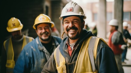 Construction workers radiate joy during hard work - obrazy, fototapety, plakaty