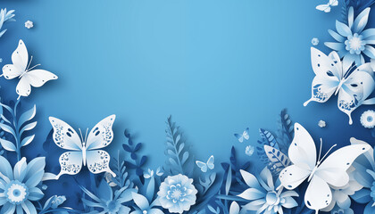 Beautiful blue background with white butterflies and flowers - obrazy, fototapety, plakaty