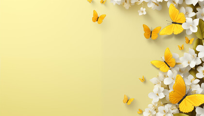 Yellow butterflies and white flowers on a pastel yellow background - obrazy, fototapety, plakaty