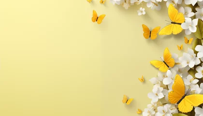Gordijnen Yellow butterflies and white flowers on a pastel yellow background © Alienmonster Images