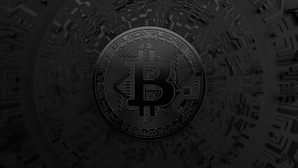 Black Bitcoin on black technological background and futuristic printed circuit. Digital Currency. 3d rendering