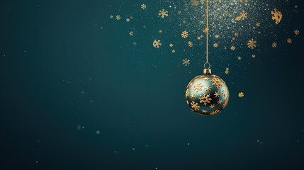 Obraz na płótnie Canvas Beautiful Christmas bauble hanging on the background with snow sparkles. Xmas wither holiday card with glass ball.