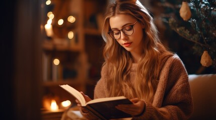 A woman with glasses girl reads a book in a cozy romantic atmosphere of a library or at home alone, digital detox
