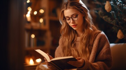 A woman with glasses girl reads a book in a cozy romantic atmosphere of a library or at home alone, digital detox