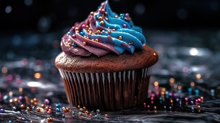 Birthday cupcake with blue buttercream frosting on dark background - obrazy, fototapety, plakaty