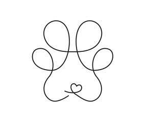 Heart with cat or dog paw in continuous one line drawing logo. Minimal line art. Animal foorprint in heart. Pet love concept stock illustration
