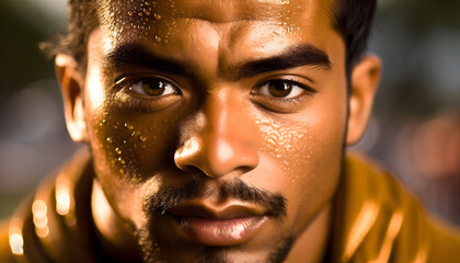 Sweat pours out of a man's face due to the exercise he is doing in the gym. Man sweating profusely. Close-up illustration view