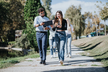 Obraz premium Motivated students study outdoors, collaborating and exchanging knowledge. They work as a team to achieve academic goals and better results. Discussing faculty subjects and preparing for exams.