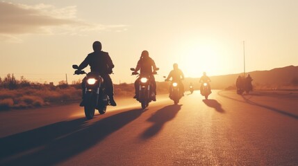 Brotherhood of motorcyclists on the open road at sunset - obrazy, fototapety, plakaty