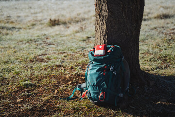 A tourist backpack is under a tree, a first aid kit, equipment for hiking in the forest. Trekking...