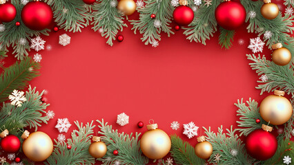 Fototapeta na wymiar Fundo natalino vermelho com enfeites ao redor do quadro. Galhos de pinheiro e bolas de natal. Com espaço para texto.