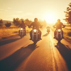 Brotherhood of motorcyclists on the open road at sunset
