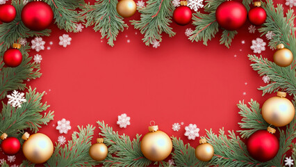 Naklejka na ściany i meble Fundo natalino vermelho com enfeites ao redor do quadro. Galhos de pinheiro e bolas de natal. Com espaço para texto.
