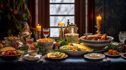 traditional christmas dinner on the table with turkey, wine and other dishes