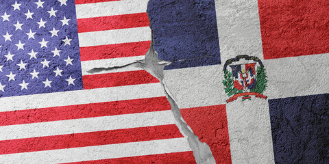 USA and Dominican Republic flags on a stone wall with a crack, illustration of the concept of a global crisis in political and economic relations