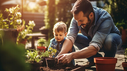 A happy young man is planting and his little son is helping him. Generative AI