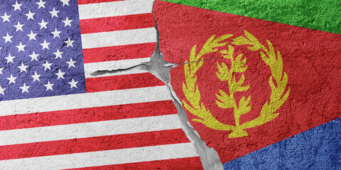 USA and Eritrea flags on a stone wall with a crack, illustration of the concept of a global crisis in political and economic relations
