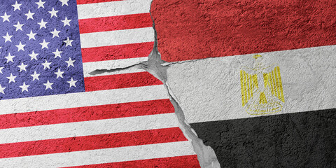 USA and Egypt flags on a stone wall with a crack, illustration of the concept of a global crisis in...