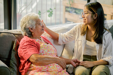 A loving granddaughter provides care and love to her grandmother.
