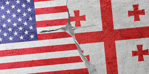 USA and Georgia flags on a stone wall with a crack, illustration of the concept of a global crisis in political and economic relations