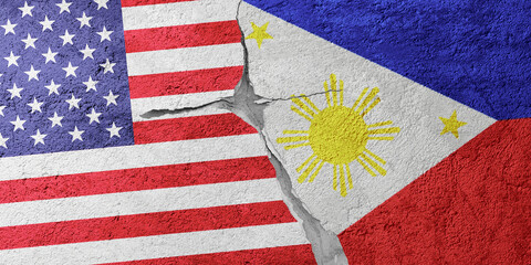 USA and Philippines flags on a stone wall with a crack, illustration of the concept of a global crisis in political and economic relations